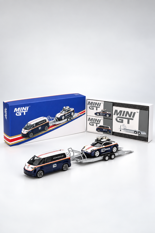 (Preorder)  Mini GT 1:64 Porsche 911 Dakar #718 / Volkswagen ID. Buzz Porsche Centrum Gelderland Roughroads Set