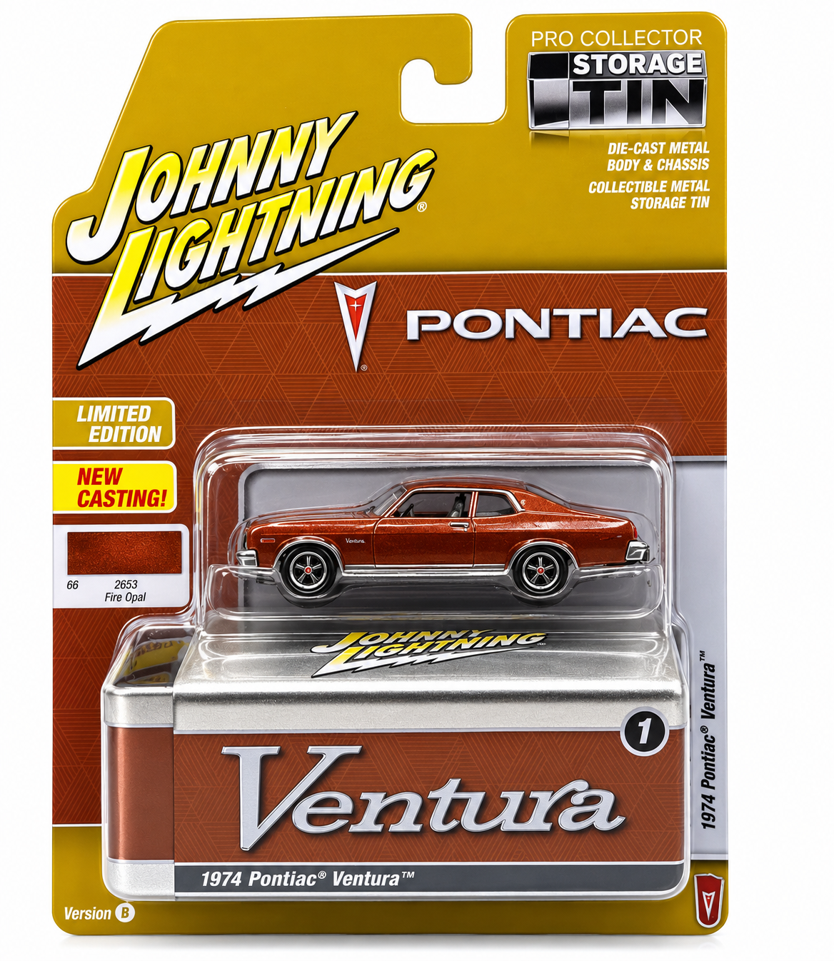 Johnny Lightning Fire Coral Bronze 1974 Pontiac Ventura W/ Storage Tin