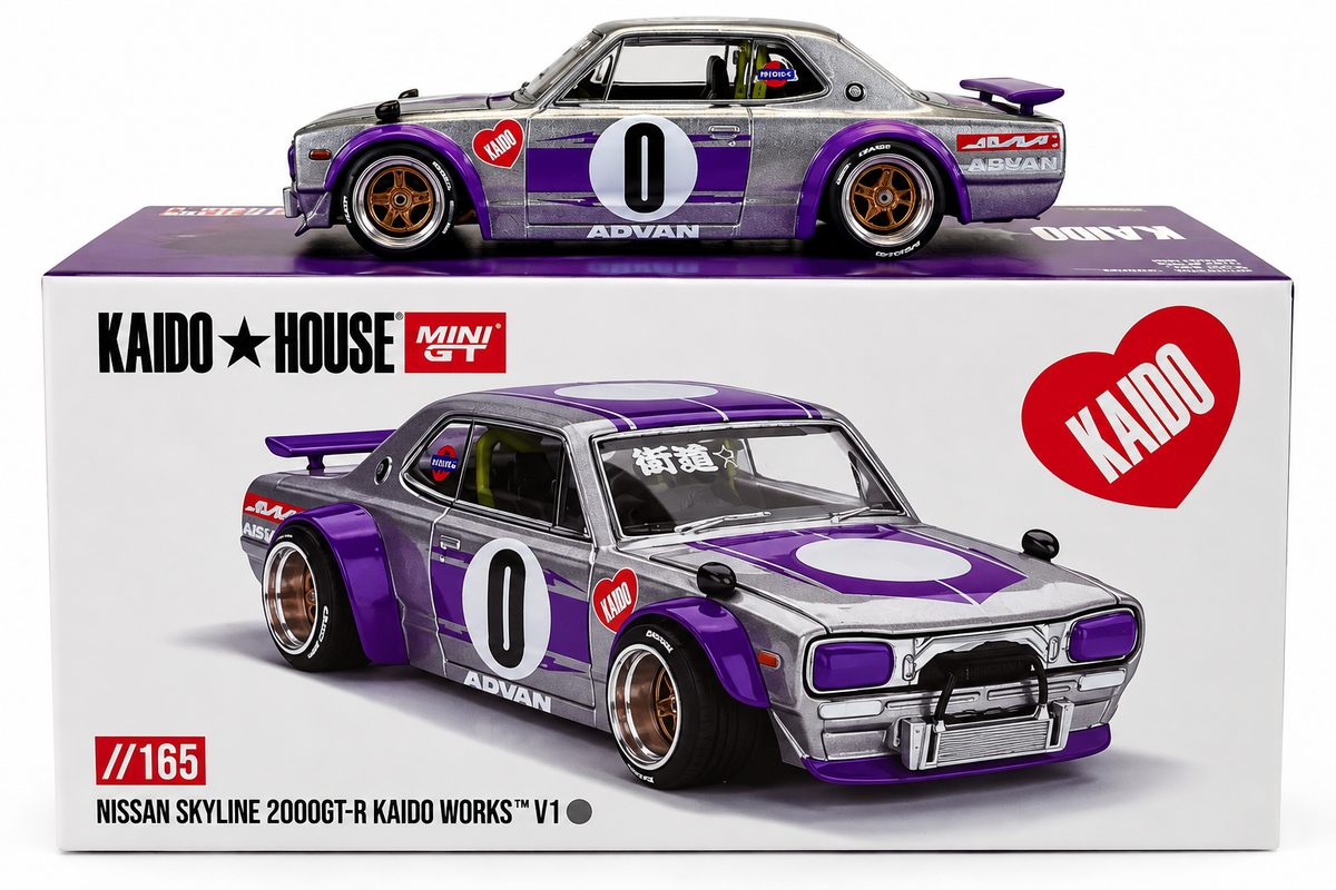 Nissan Skyline 2000GT-R (KPGC10) "Kaido Works V1" RHD (Right Hand Drive) #0 Silver Metallic with Purple Stripes (Designed by Jun Imai) "Kaido House" Special 1/64 Diecast Model Car by Mini GT