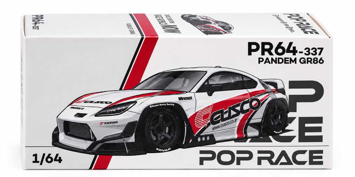 POP RACE Toyota Pandem GR86 "Cusco" White with Racing Graphics 1/64