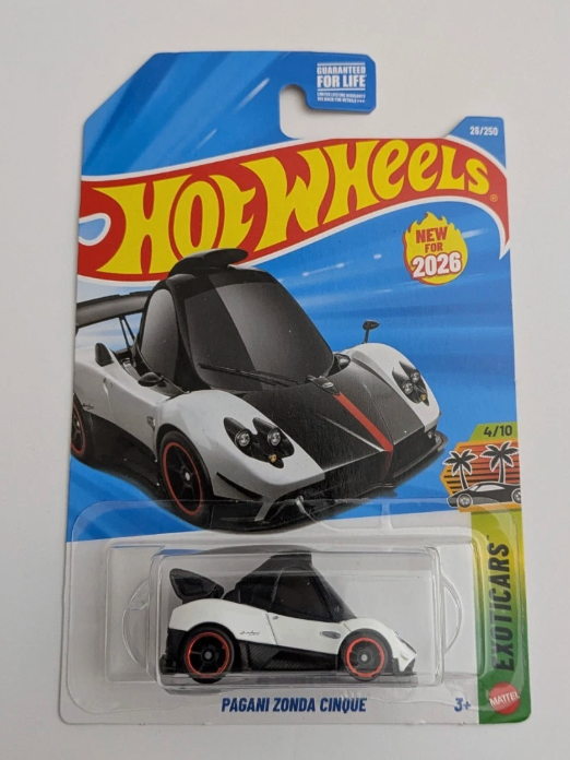 2026 HOT WHEELS PAGANI ZONDA CINQUE EXOTICARS 4/10 WHITE “TOONED” NEW FOR 2026