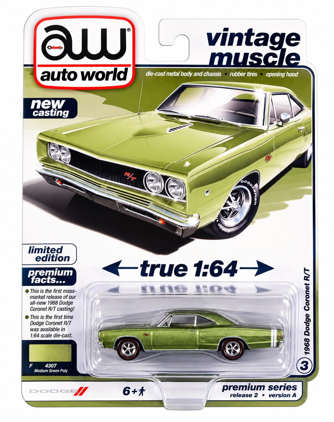 Auto World 1968 Dodge Coronet R/T Medium Green Metallic 1/64 Diecast Car