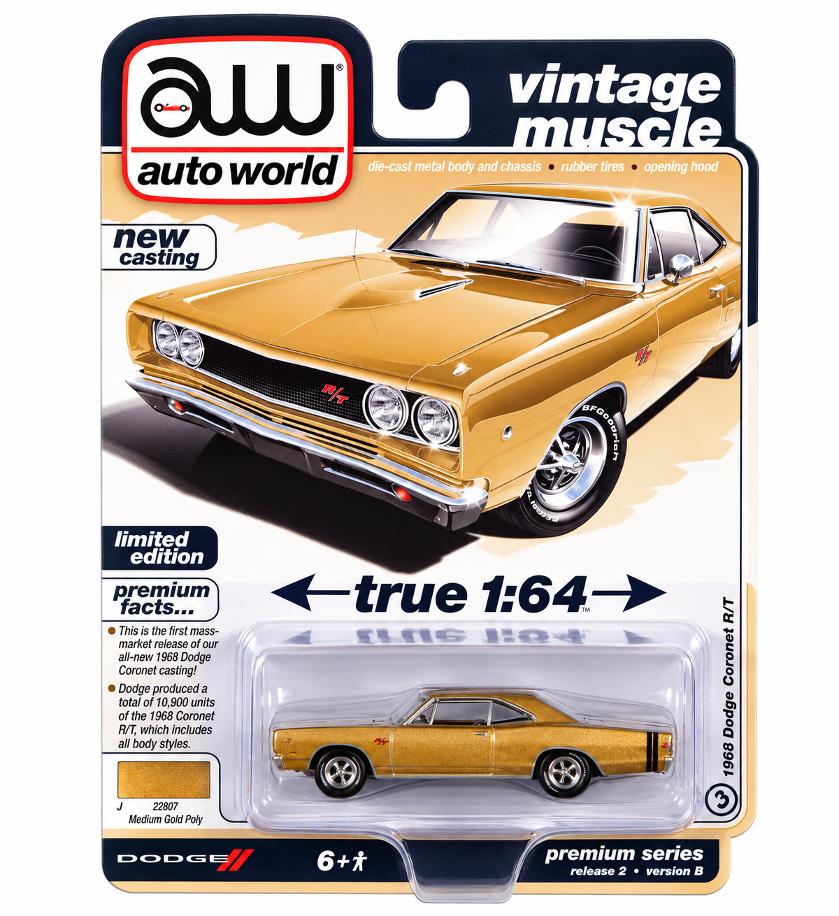 Auto World Vintage Muscle Medium Gold Poly 1968 Dodge Coronet R/T 1:64 Car