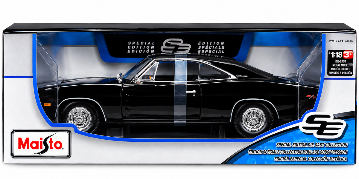 1969 Dodge Charger R/T, NEW IN BOX Maisto 1:18 Scale Model Car, Black