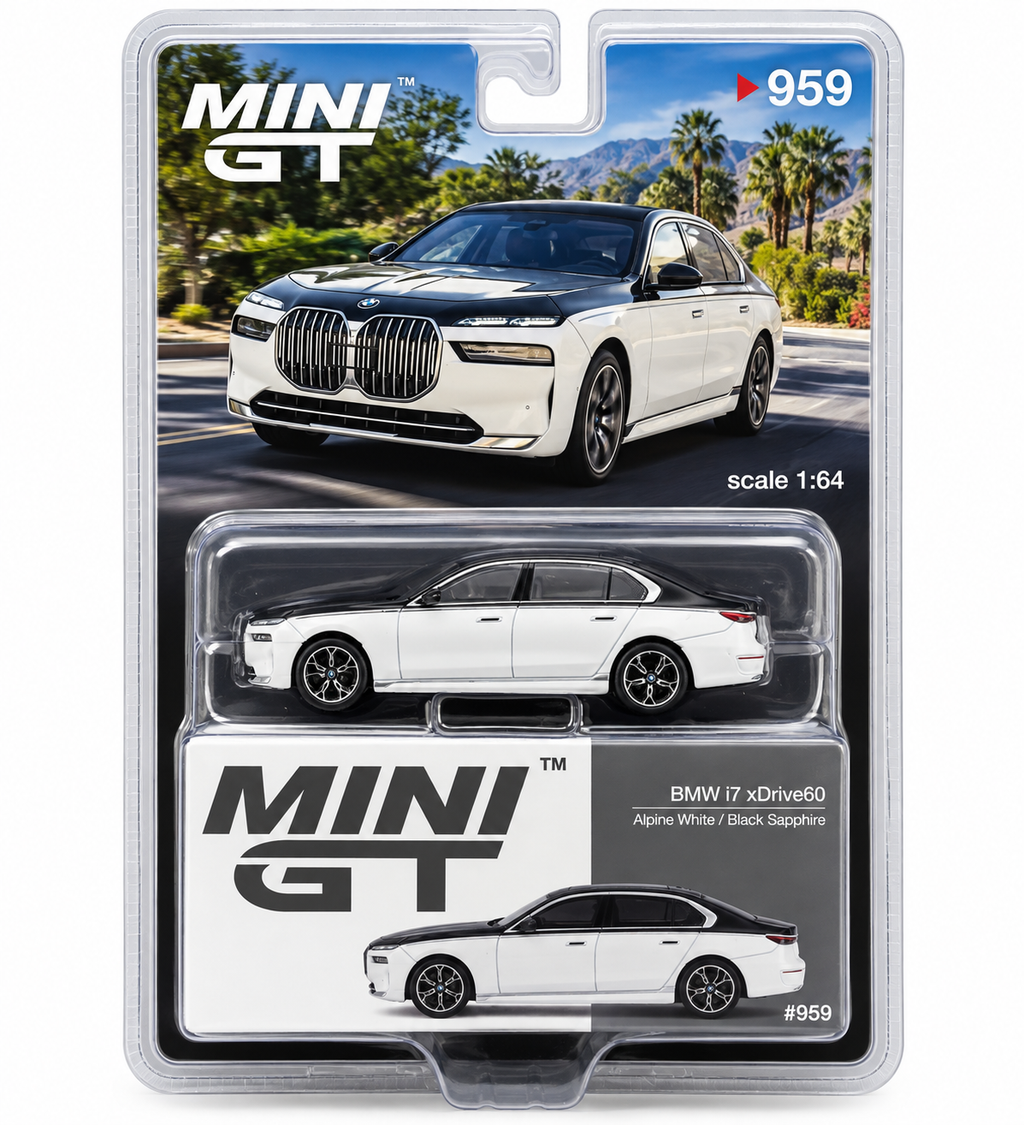 Mini GT 1:64 BMW i7 xDrive60 Alpine White / Black Sapphire
