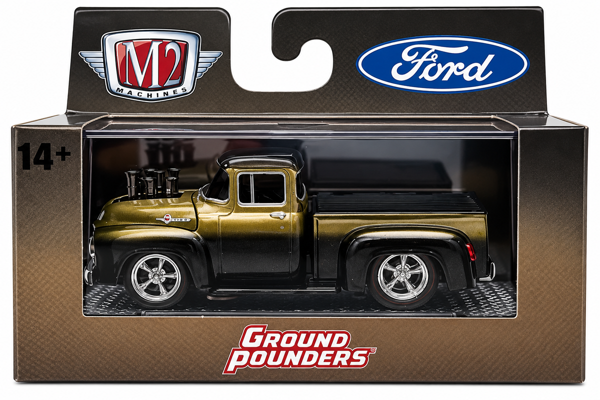 M2 Machines Ground Pounders 1:64 1956 Ford F-100 Pickup Black/Gold