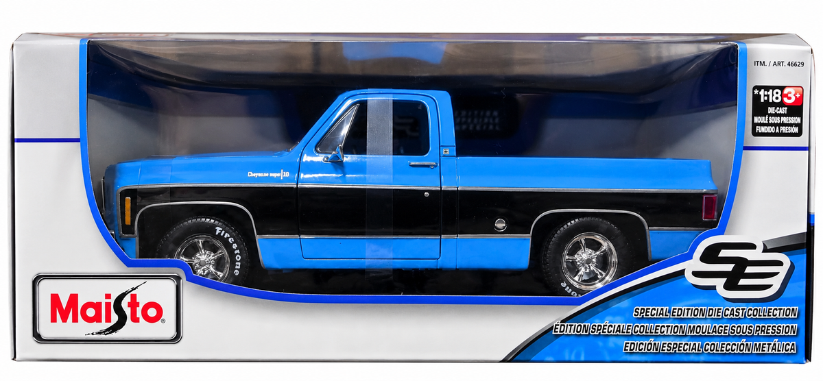 Maisto 1:18 1974 Chevrolet C10 Cheyenne Super Pickup Truck Blue Black Stripe New