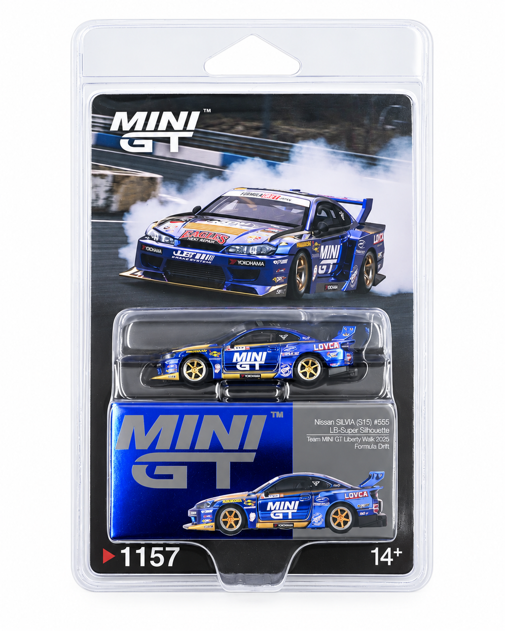 Mini GT 1:64 Nissan LB-Super Silhouette S15 SILVIA #555 Team MINI GT Liberty Walk 2025 Formula Drift – Chrome Blue