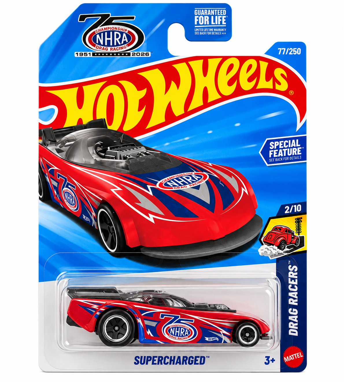 2026 Hot Wheels Supercharged Red 2/10 Drag Racers Series 77/250 NHRA 75th Ann.